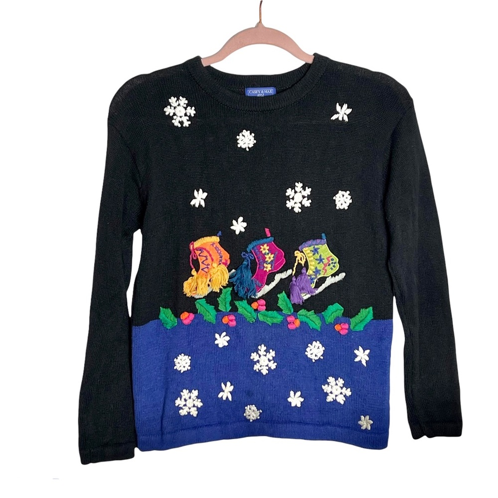 Vintage Casey & Max Kidz novelty embroidered ice skate snowflakes sweater